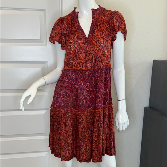 By Anthropologie Dresses & Skirts - Paisley Tiered V-Neck Mini Dress in Red
